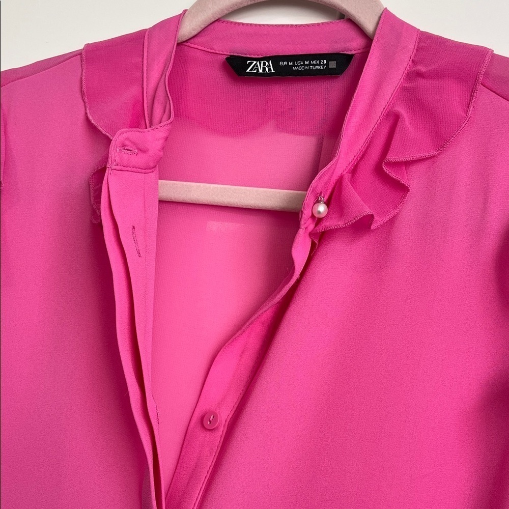 ZARA Fuchsia Ruffle Sleeve Blouse Mandarin Collar Pearl Buttons, Size M - Picture 6 of 11